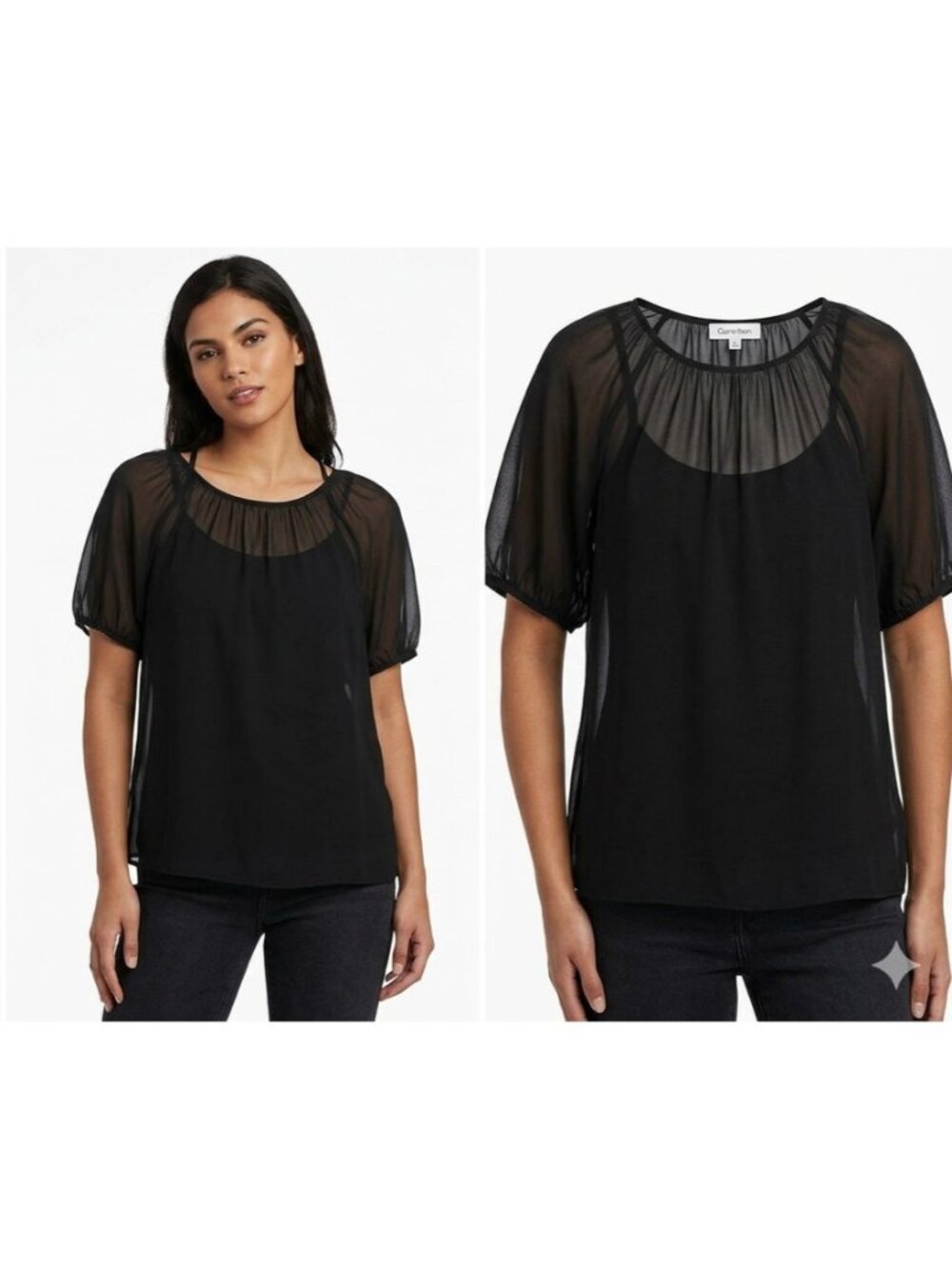 Calvin Klein Women Layered Elbow-Length Sleeves Top Blouse Black Size S $79